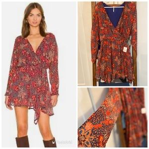 NWT Free People Small Faux Wrap Dress Orange Blue Floral Boho Cottagecore